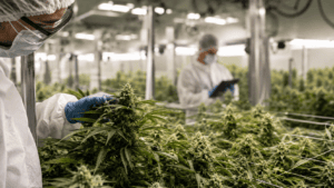Inspeccion de cannabis en invernadero cientifico Técnico inspeccionando plantas de cannabis en un invernadero de cultivo con licencia